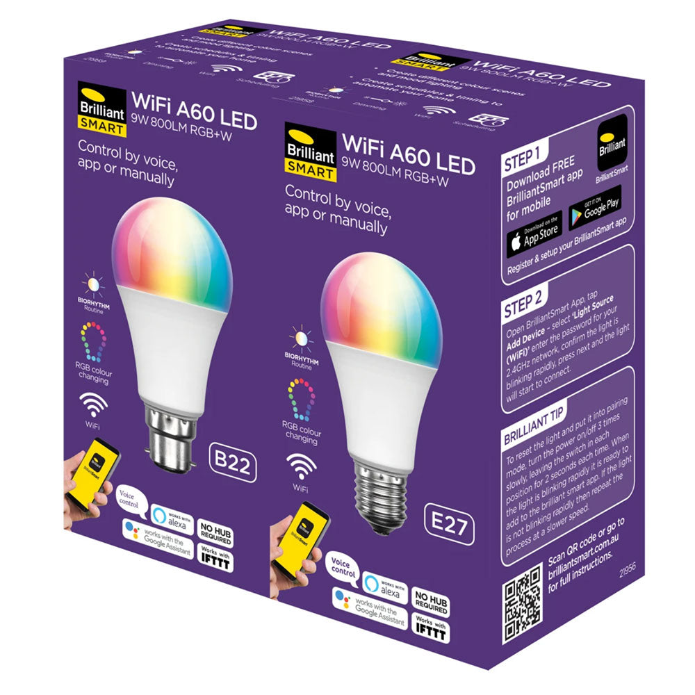 Smart Wi-Fi 9W B22 LED A60 RGB Plus Warm White Biorhythm Globe - 21959