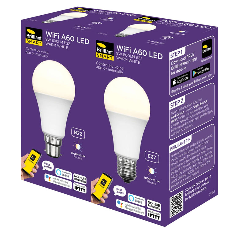 Smart Wi-Fi 9W B22 LED A60 CCT Biorhythm Globe - 21957