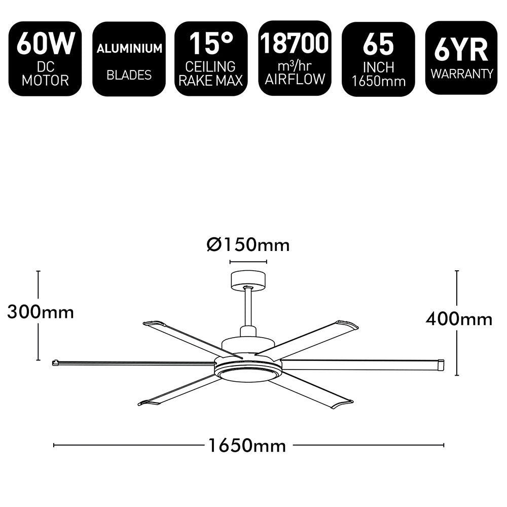 Colossus II 65" 6-Blade DC Ceiling Fan Matt Black - 22979/06