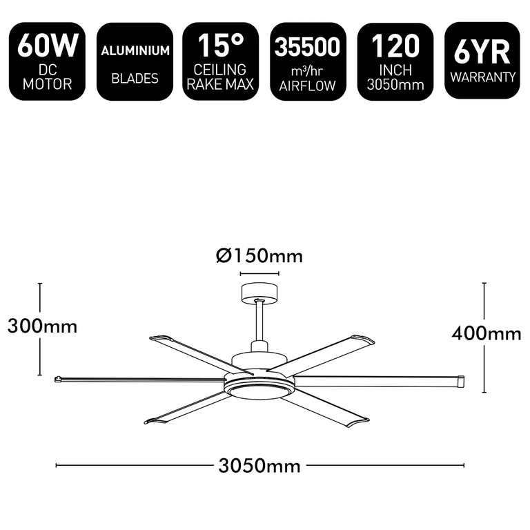Colossus II 120" 6-Blade DC Ceiling Fan Matt Black - 22989/06