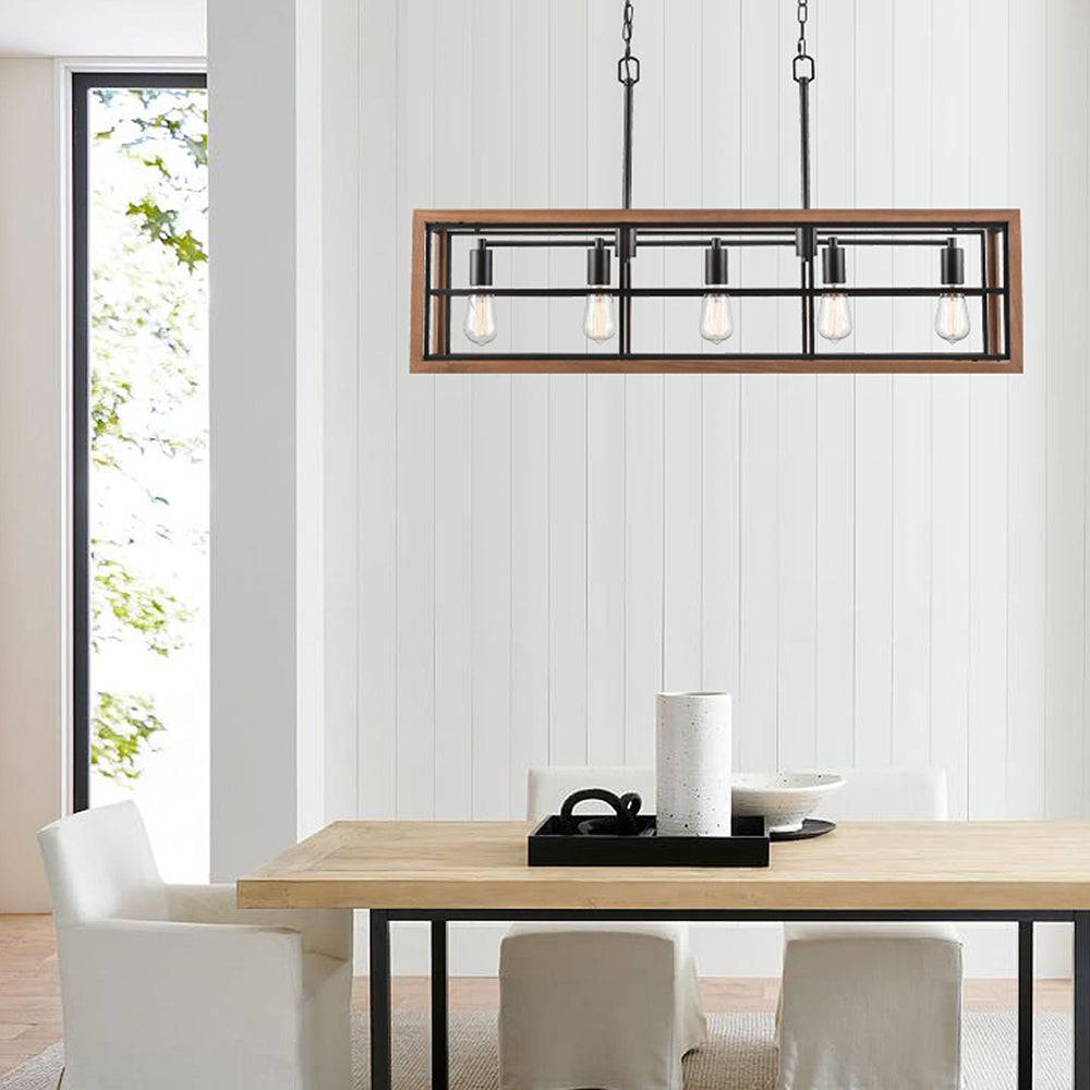 Interior Rectangular 5 Light Pendant Medium Oak Wood With Oil Rubbed Bronze - BANQUET1