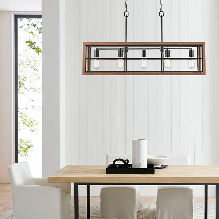 Interior Rectangular 5 Light Pendant Medium Oak Wood With Oil Rubbed Bronze - BANQUET1