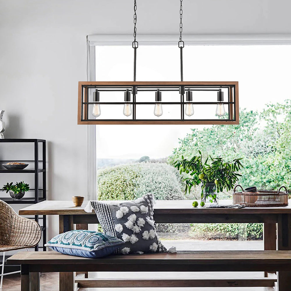 Interior Rectangular 5 Light Pendant Medium Oak Wood With Oil Rubbed Bronze - BANQUET1