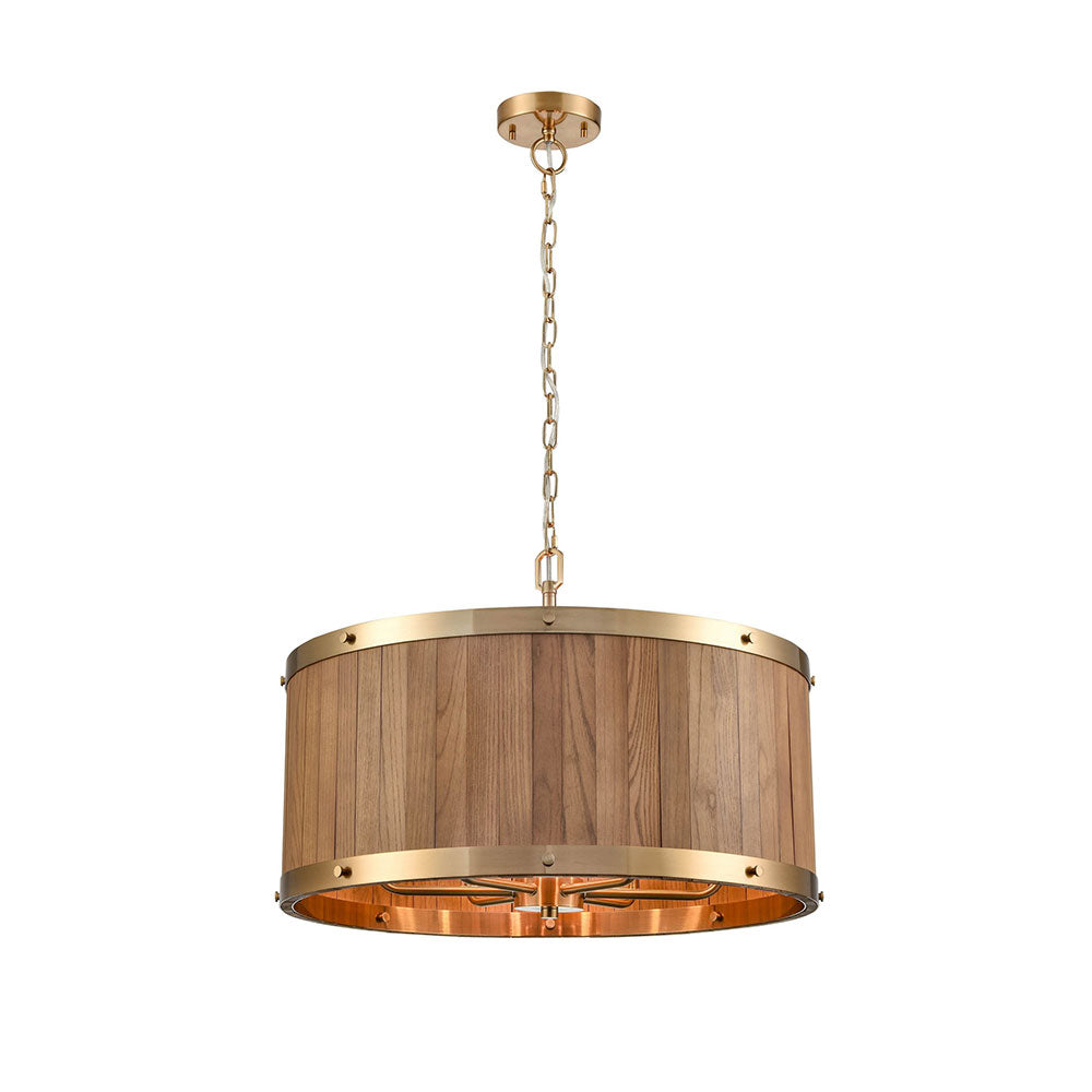 Interior Drum Wood 6 Light Pendant Medium Oak With Satin Brass - BARRIQUE1