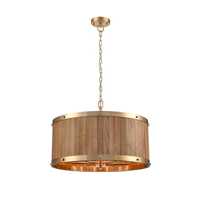 Interior Drum Wood 6 Light Pendant Medium Oak With Satin Brass - BARRIQUE1