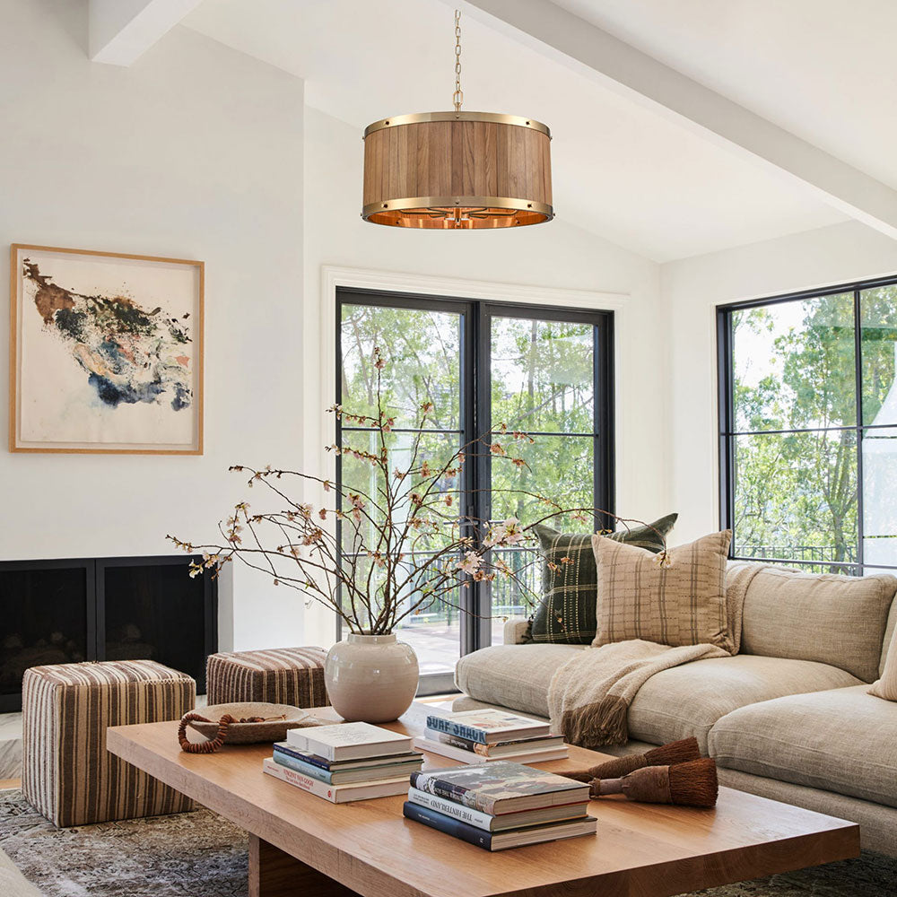 Interior Drum Wood 6 Light Pendant Medium Oak With Satin Brass - BARRIQUE1