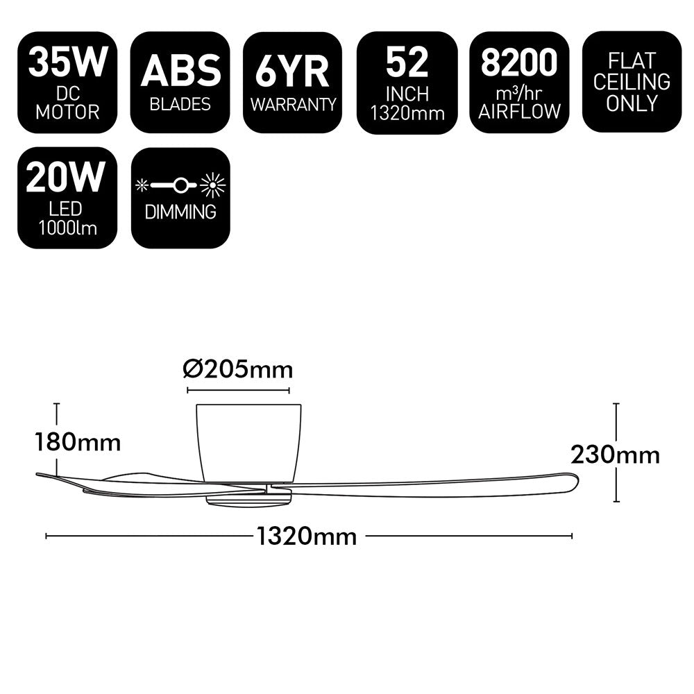 Costa 3-Blade 52" White Low Profile DC Ceiling Fan With LED Light - 22947/05