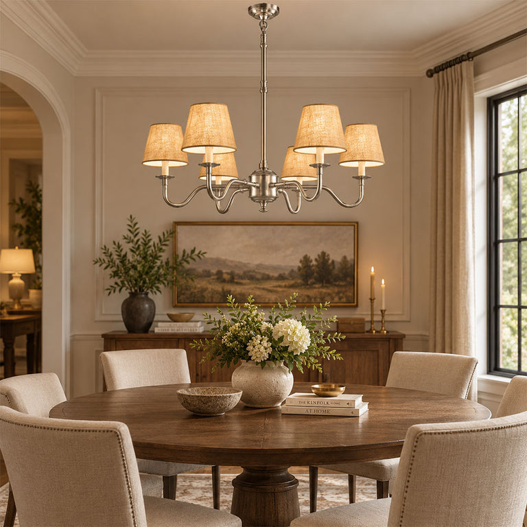 Prescot Chandelier Antique Silver With Light Natural Shades - ELPIM50727AS