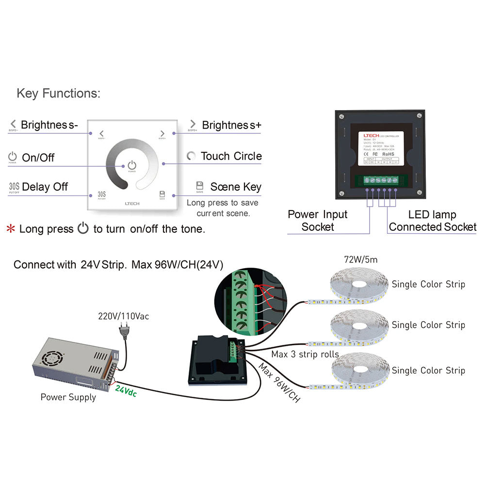 Single Colour 24V DC Touch Panel LED Strip Controller - HCP-75211