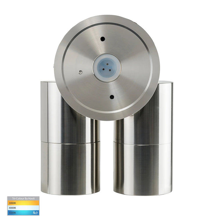Tivah 2 x 12W CCT 240V GU10 LED Double Adjustable Spot Lights With Sensor Stainless Steel - HV1306T-PIR