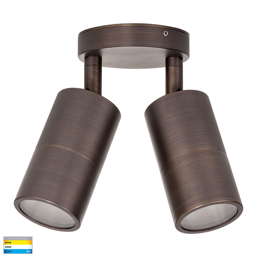 Tivah 2 x 9in1 CCT 240V GU10 LED Double Adjustable Wall Light Antique Brass - HV1395T