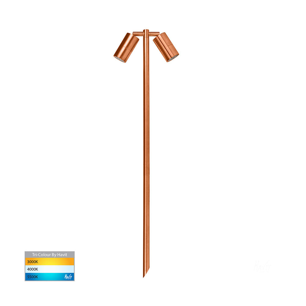 Tivah 2 x 5W CCT 12V DC MR16 LED Double Adjustable Bollard Spike Light Solid Copper - HV1405T-CP