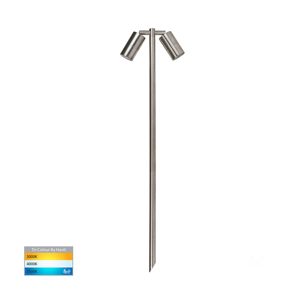 Tivah 2 x 5W CCT 12V DC MR16 LED Double Adjustable Bollard Spike Light 316 Stainless Steel - HV1405T-SS316
