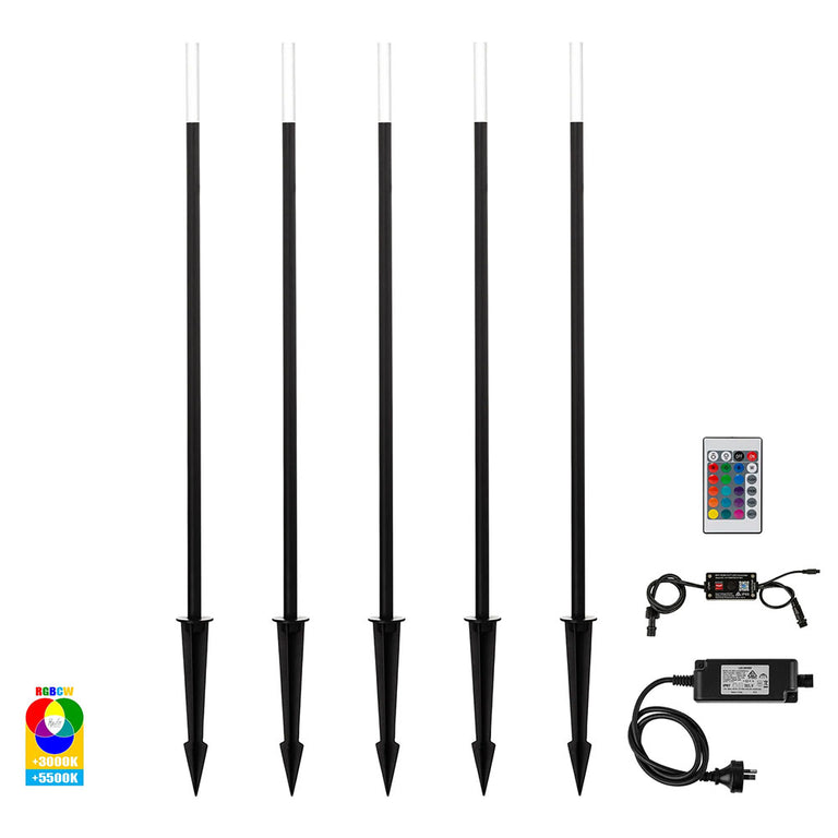 Drique 5 x 1W 240V / 24V DC LED Garden Bollard Spike Light Kit Black - HV1514RGBCW-BLK-KIT