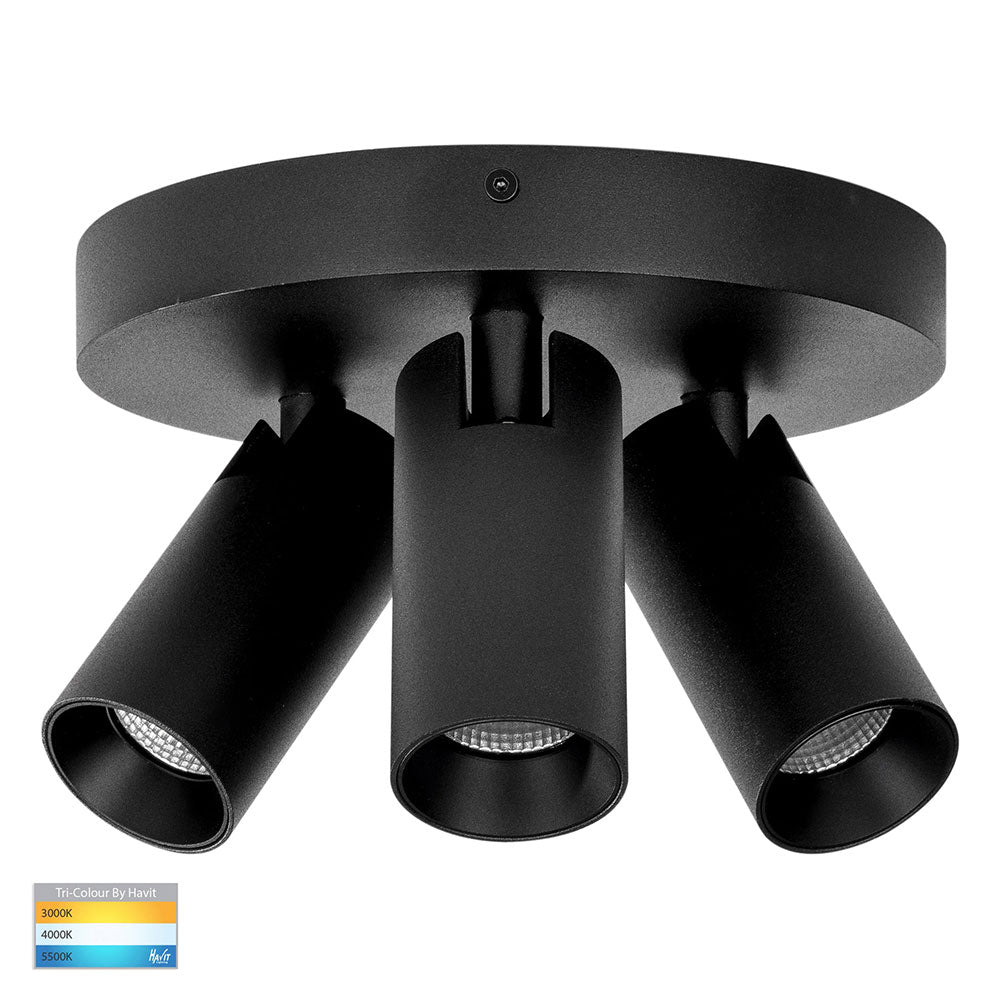 Revo 24W 240V 3 Light Dimmable LED Spotlight Round Black / Tri-Colour - HV4002T-3-BLK-RND