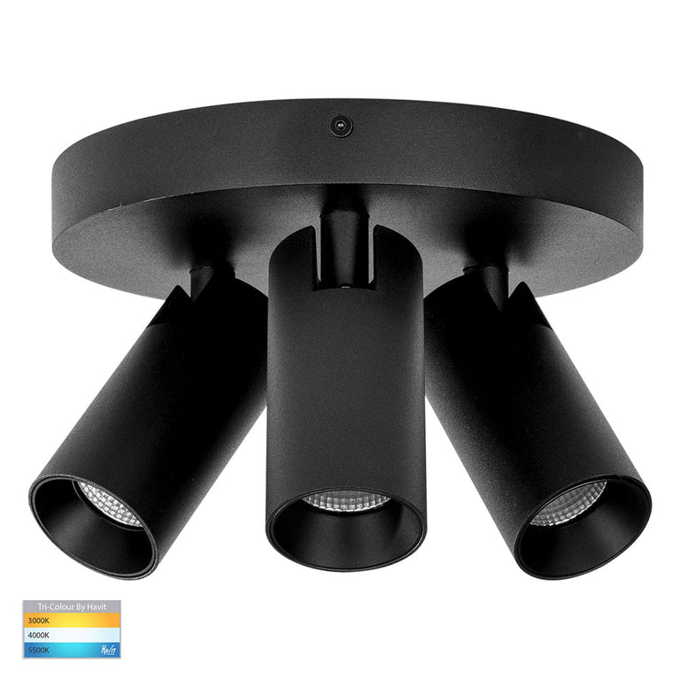 Revo 24W 240V 3 Light Dimmable LED Spotlight Round Black / Tri-Colour - HV4002T-3-BLK-RND