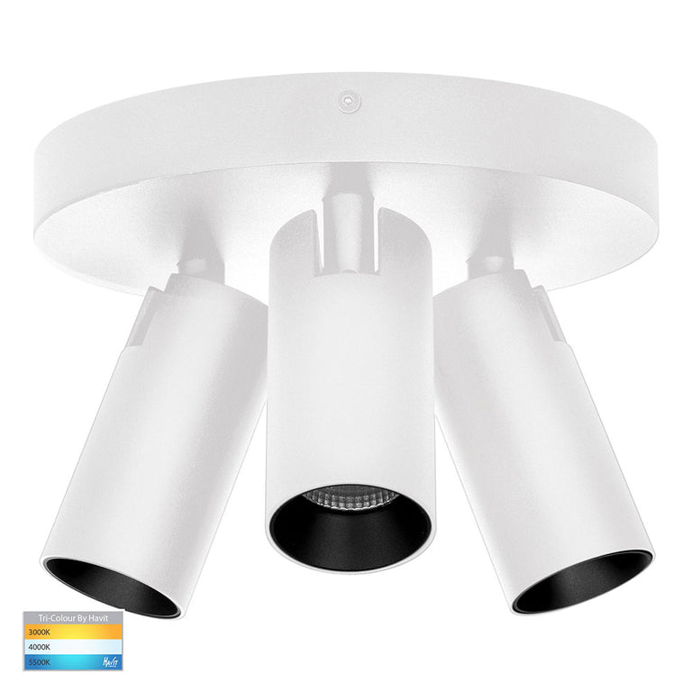 Revo 24W 240V 3 Light Dimmable LED Spotlight Round White / Tri-Colour - HV4002T-3-WHT-RND