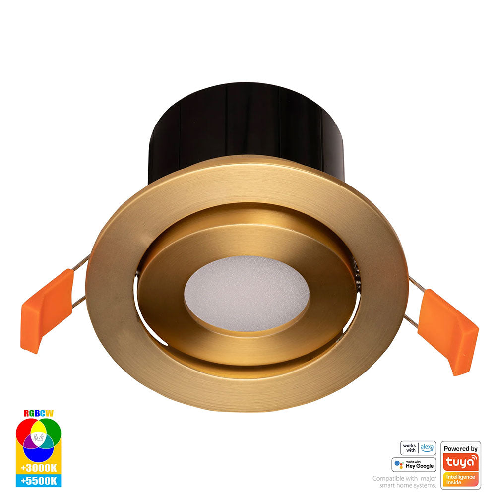 Prime Wi-Fi 12W RGBCW 240V LED Tilt Downlight Brass - HV5512RGBCW-BR