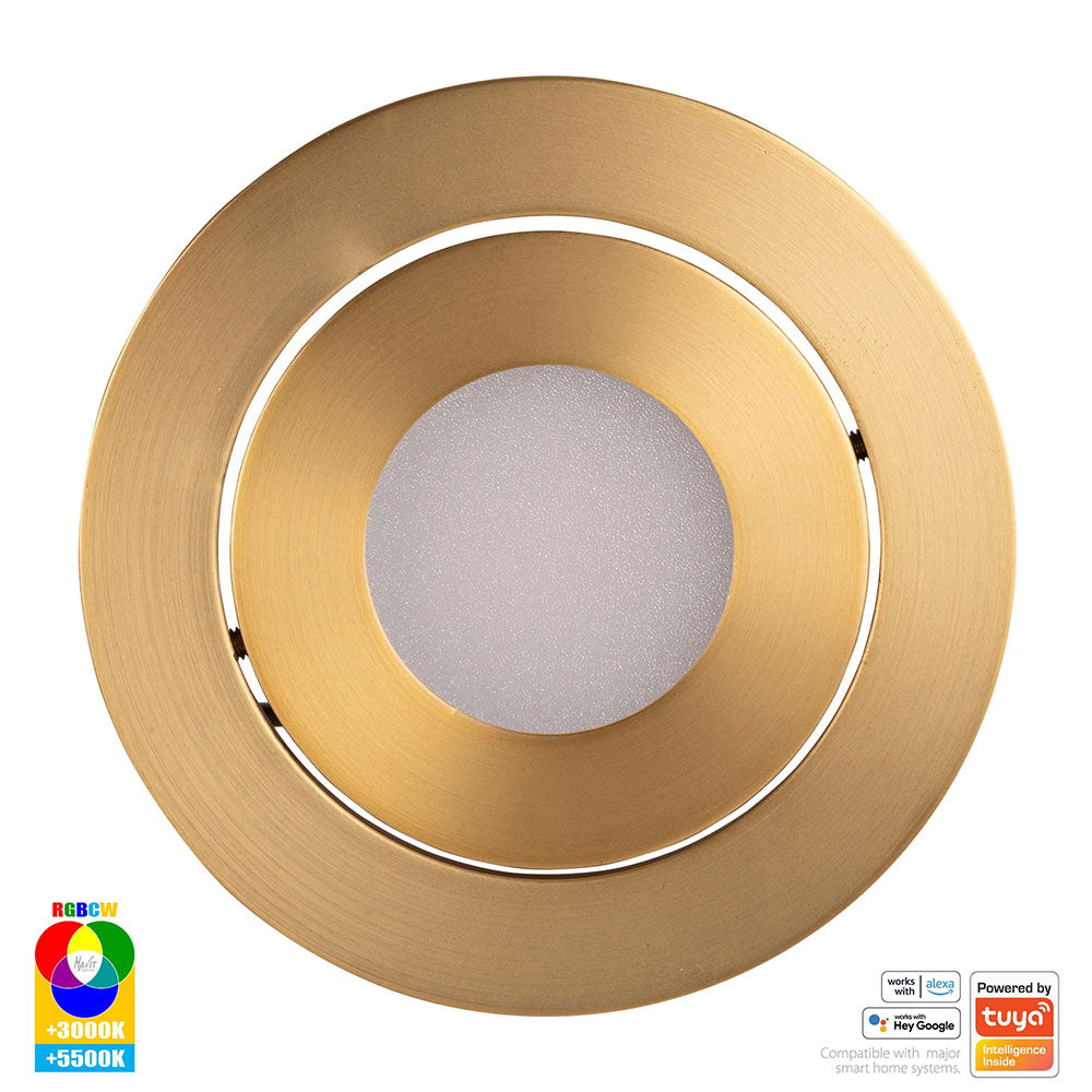 Prime Wi-Fi 12W RGBCW 240V LED Tilt Downlight Brass - HV5512RGBCW-BR