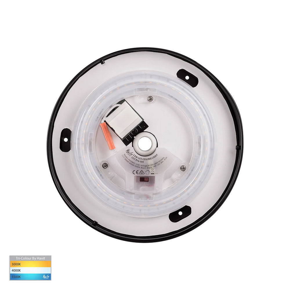 Ostron 12W 240V Dimmable LED Oyster Light Black / Tri-Colour - HV5887T-BLK