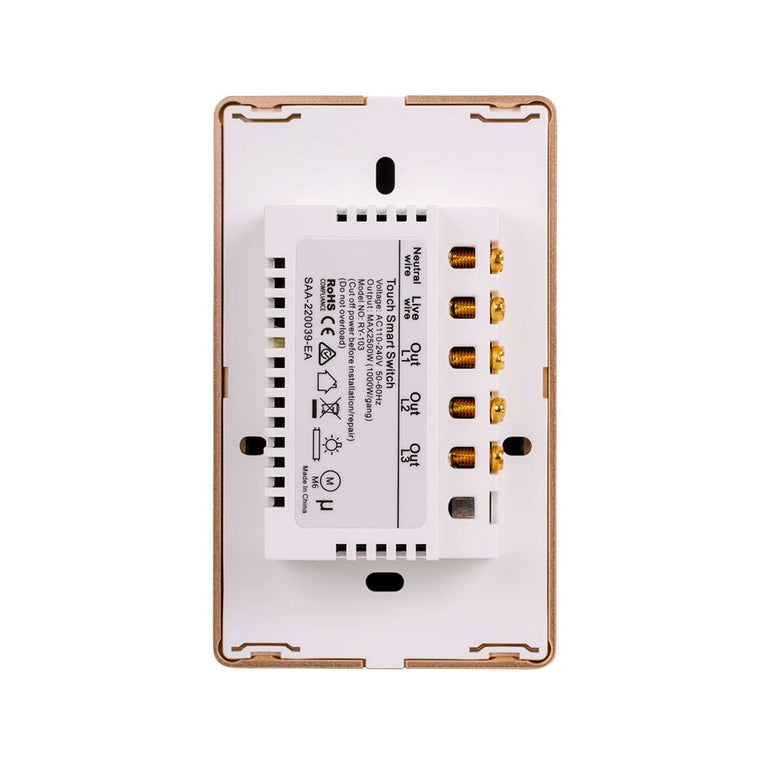 Wifi 3 x 300W 240V Three Gang Wall Switch White with Gold Trim - HV9120-3