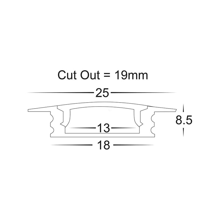 Shallow Square Recessed or Surface Mounted 3 Meter 25x9mm Winged Aluminium LED Profile Silver - HV9695-2507-3M