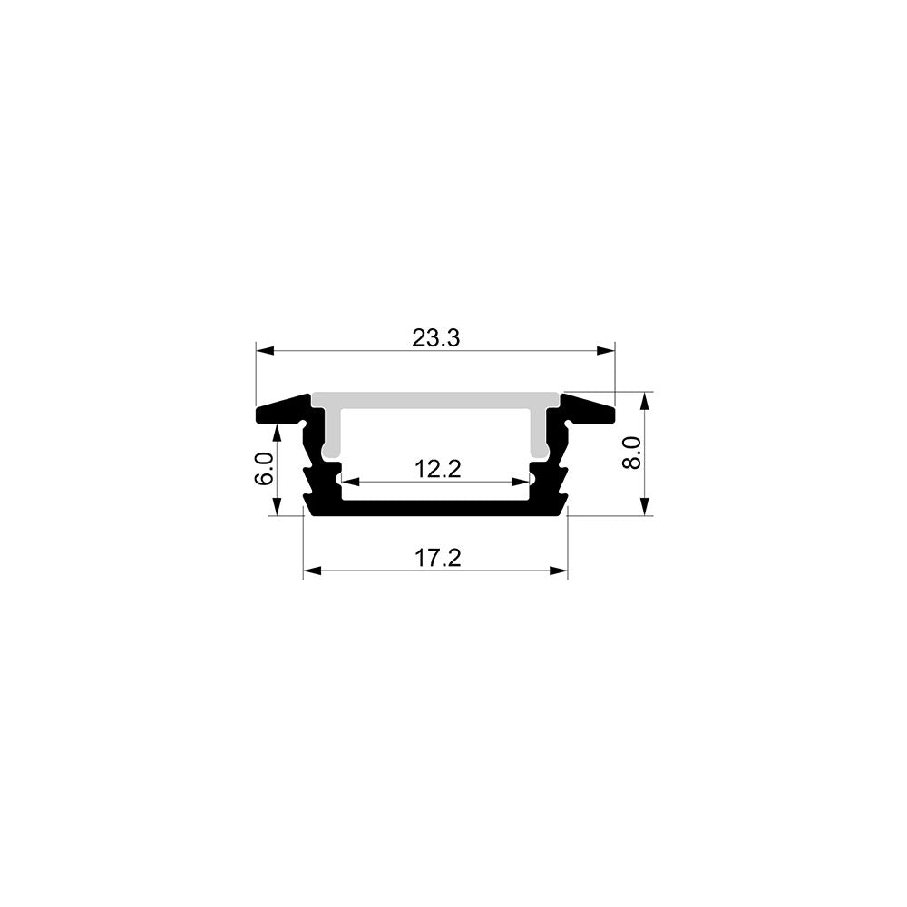Shallow Square Surface Mounted or Recessed 2 Meter 23x8mm Winged Aluminium LED Profile Silver - HV9699-2308-2M