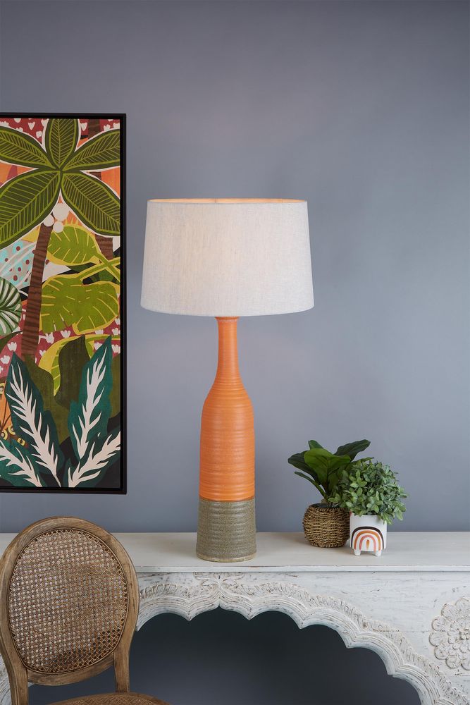 Potters Large Tall Thin Glazed Ceramic Table Lamp Orange / Brown With Shade - KITZAF11187