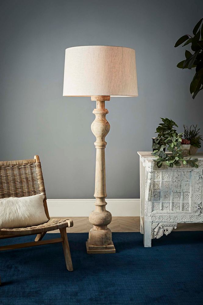 Rook Large Turned Wood Pillar Floor Lamp Natural With Shade - KITZAF12060