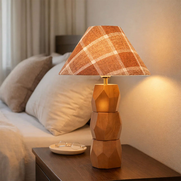 Helena Hand Faceted Wooden Base Table Lamps Plaid Shade Brown - LL-27-0329P