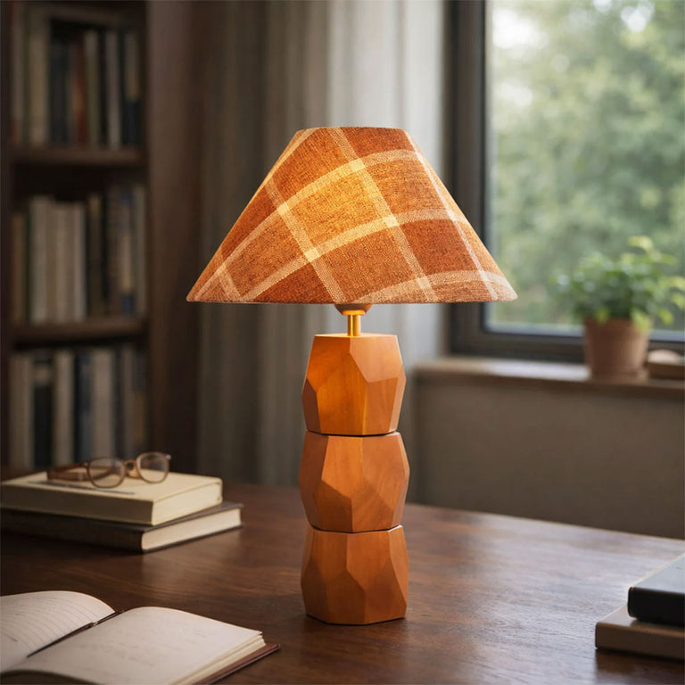 Helena Hand Faceted Wooden Base Table Lamps Plaid Shade Brown - LL-27-0329P