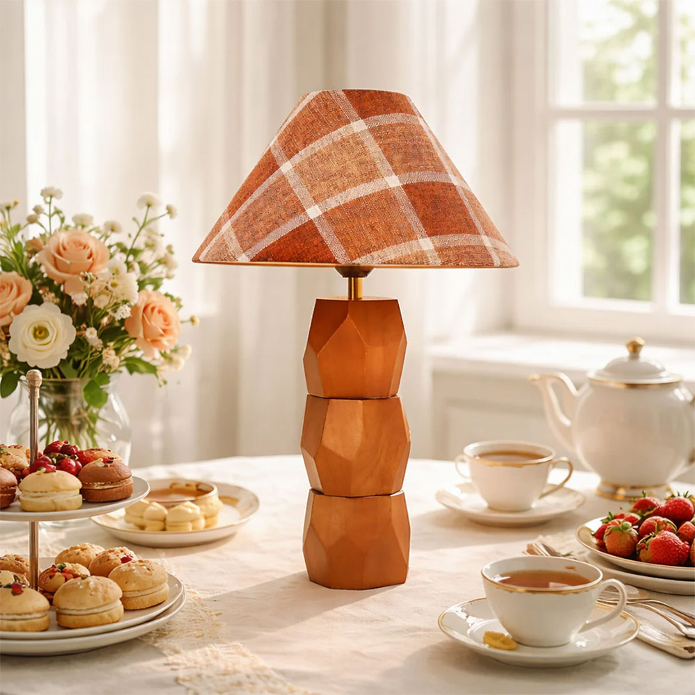 Helena Hand Faceted Wooden Base Table Lamps Plaid Shade Brown - LL-27-0329P