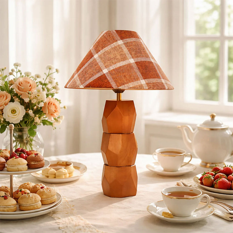 Helena Hand Faceted Wooden Base Table Lamps Plaid Shade Brown - LL-27-0329P