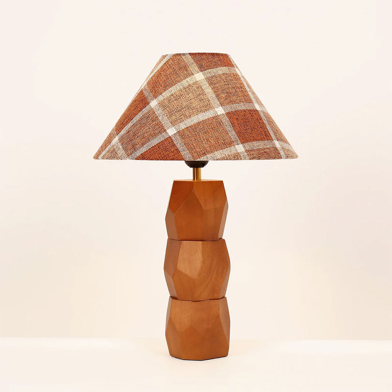 Helena Hand Faceted Wooden Base Table Lamps Plaid Shade Brown - LL-27-0329P