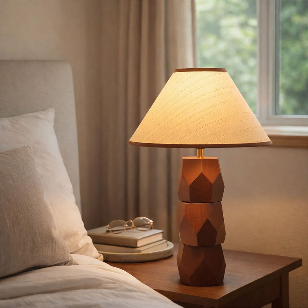 Helena Hand Faceted Wooden Base Table Lamps Woven Shade Brown - LL-27-0329W