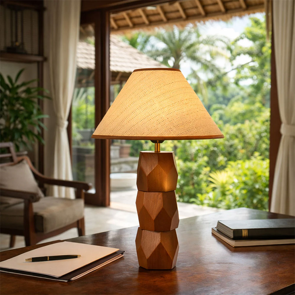 Helena Hand Faceted Wooden Base Table Lamps Woven Shade Brown - LL-27-0329W