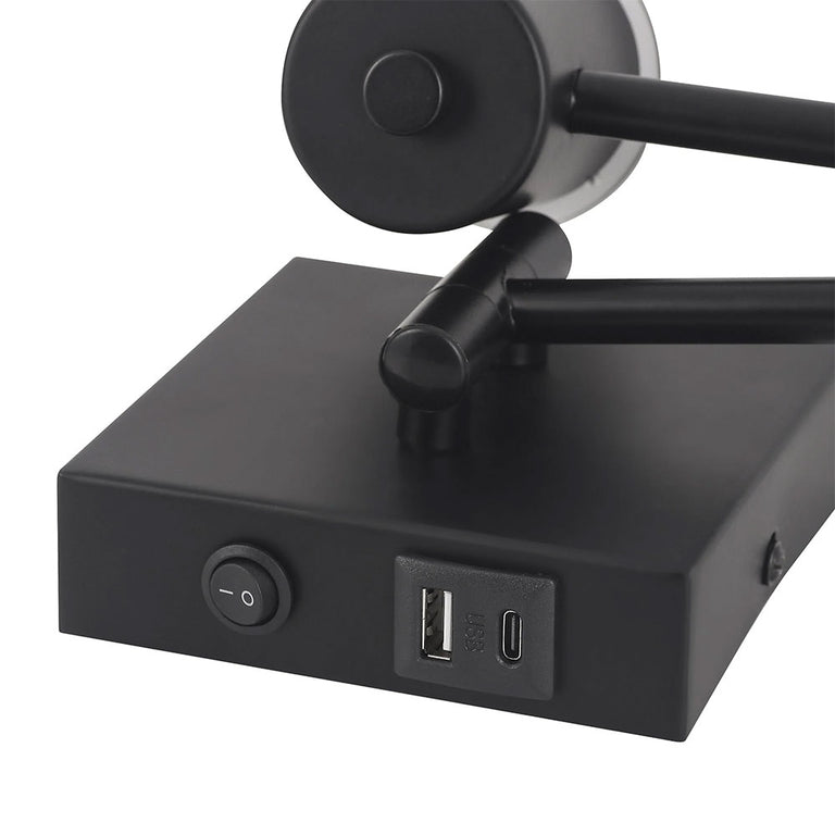 Elspet Swing Arm Wall Lamp With Charging Ports Matt Black - LL002WL028B