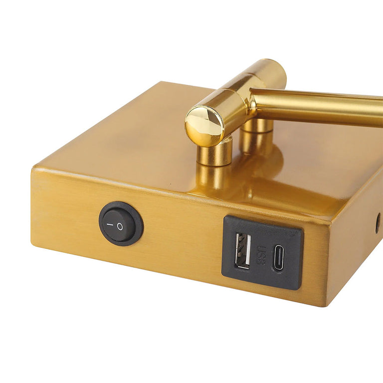 Elspet Swing Arm Wall Lamp With Charging Ports Brass - LL002WL028BR