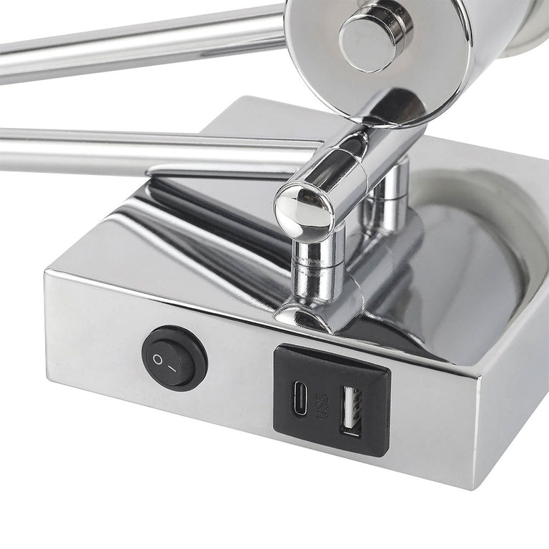 Elspet Swing Arm Wall Lamp With Charging Ports Chrome - LL002WL028CH