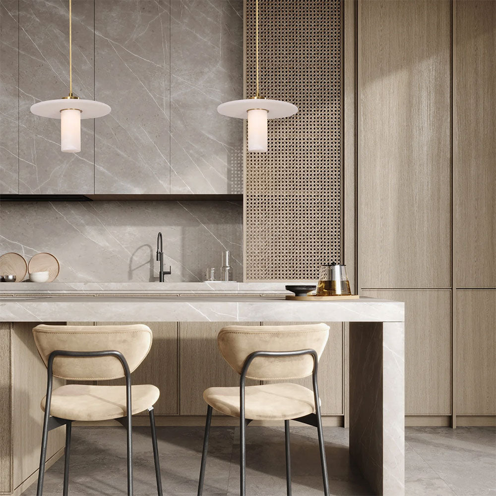 Cylinder Round Hat Marble Shade Brass Highlight Pendant - LUCERNA1