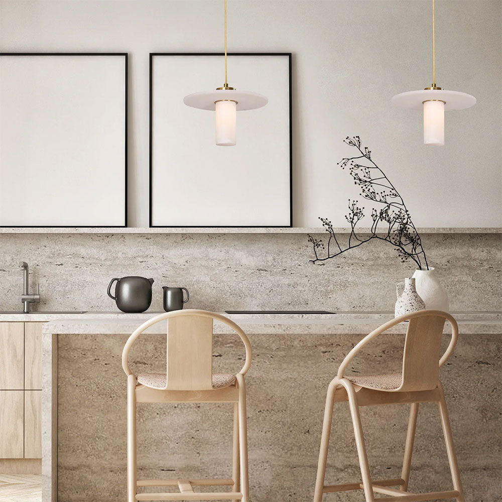 Cylinder Round Hat Marble Shade Brass Highlight Pendant - LUCERNA1