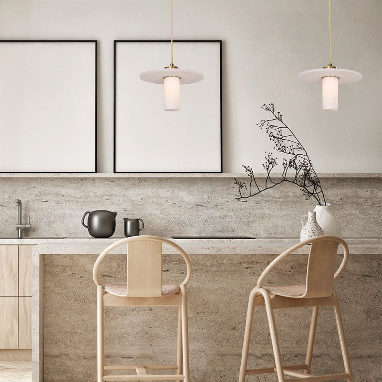 Cylinder Round Hat Marble Shade Brass Highlight Pendant - LUCERNA1