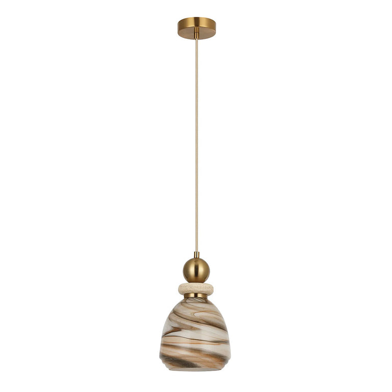 Interior Marbled Glass Bell Shade With Travertine / Marble Highlight Pendant Brown - MARMARA1