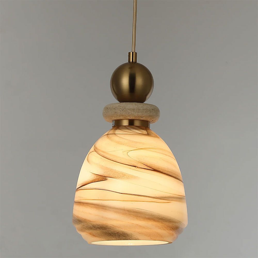 Interior Marbled Glass Bell Shade With Travertine / Marble Highlight Pendant Brown - MARMARA1