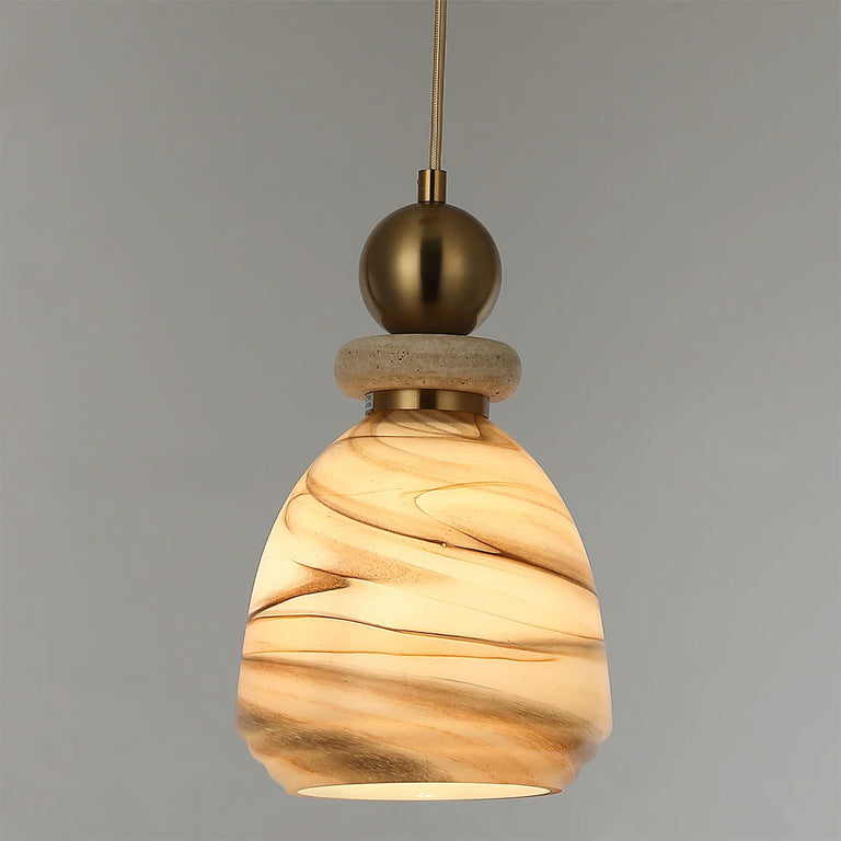 Interior Marbled Glass Bell Shade With Travertine / Marble Highlight Pendant Brown - MARMARA1