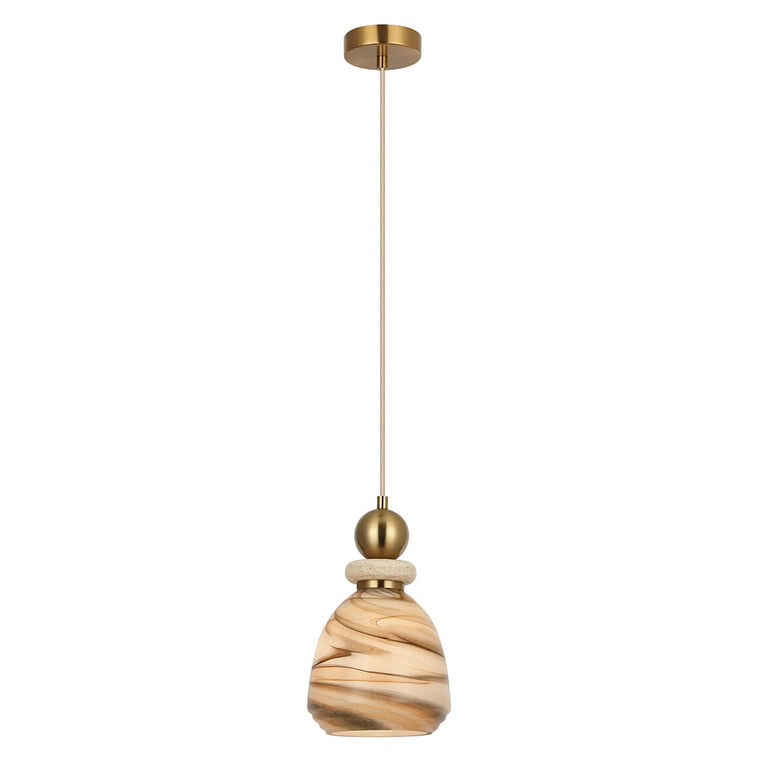 Interior Marbled Glass Bell Shade With Travertine / Marble Highlight Pendant Brown - MARMARA1