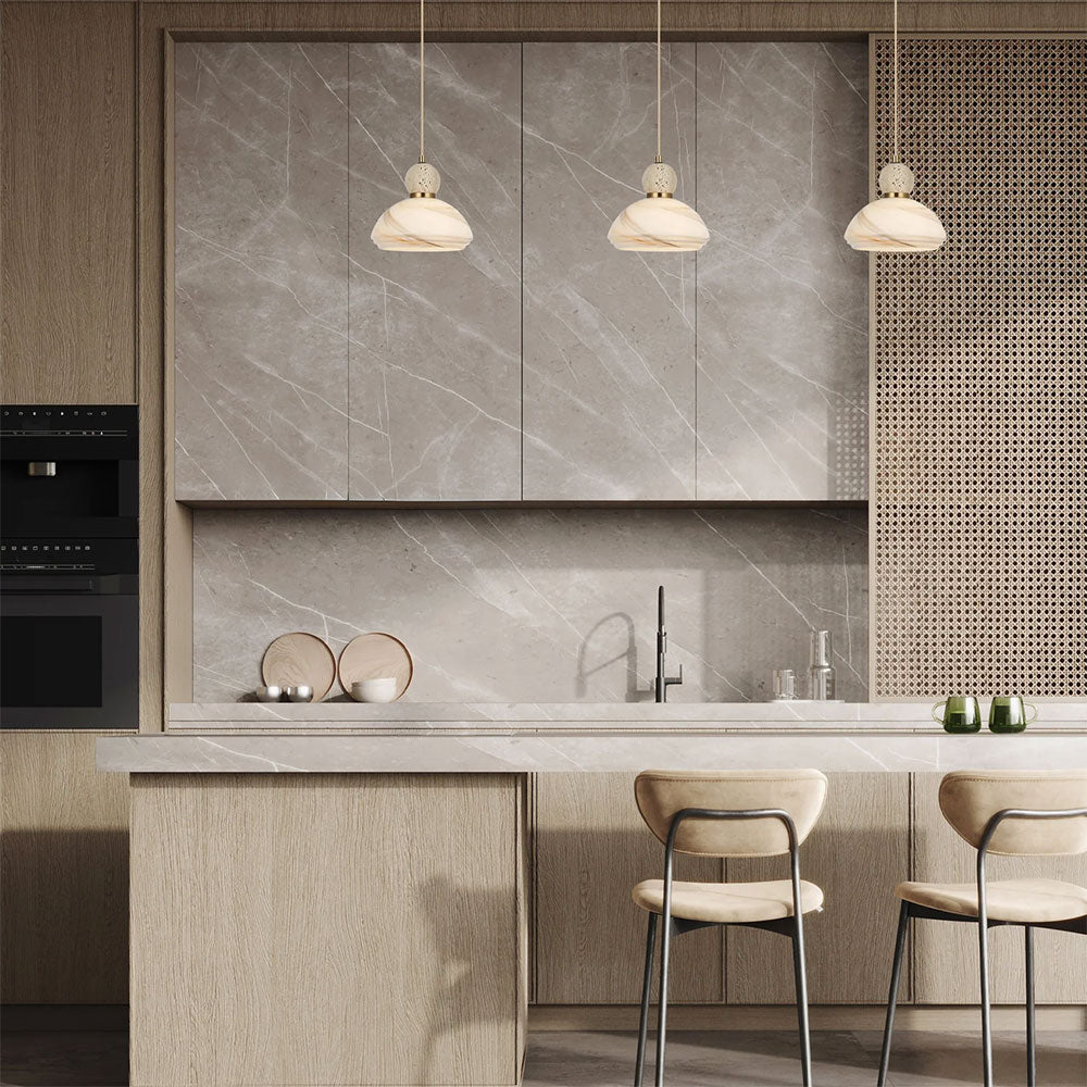 Interior Marbled Glass Dome Shade with Travertine / Marble Highlight Pendant Brown - MARMARA2