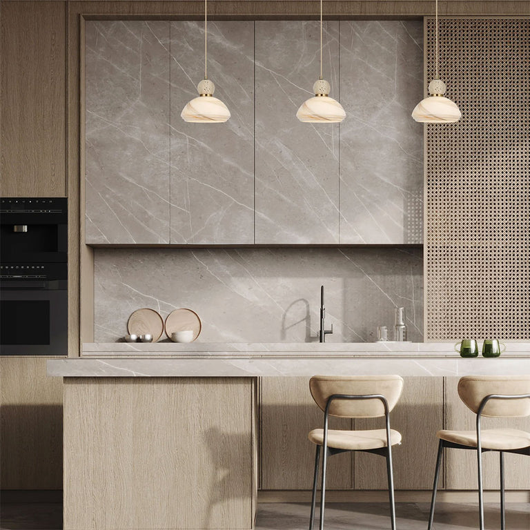 Interior Marbled Glass Dome Shade with Travertine / Marble Highlight Pendant Brown - MARMARA2