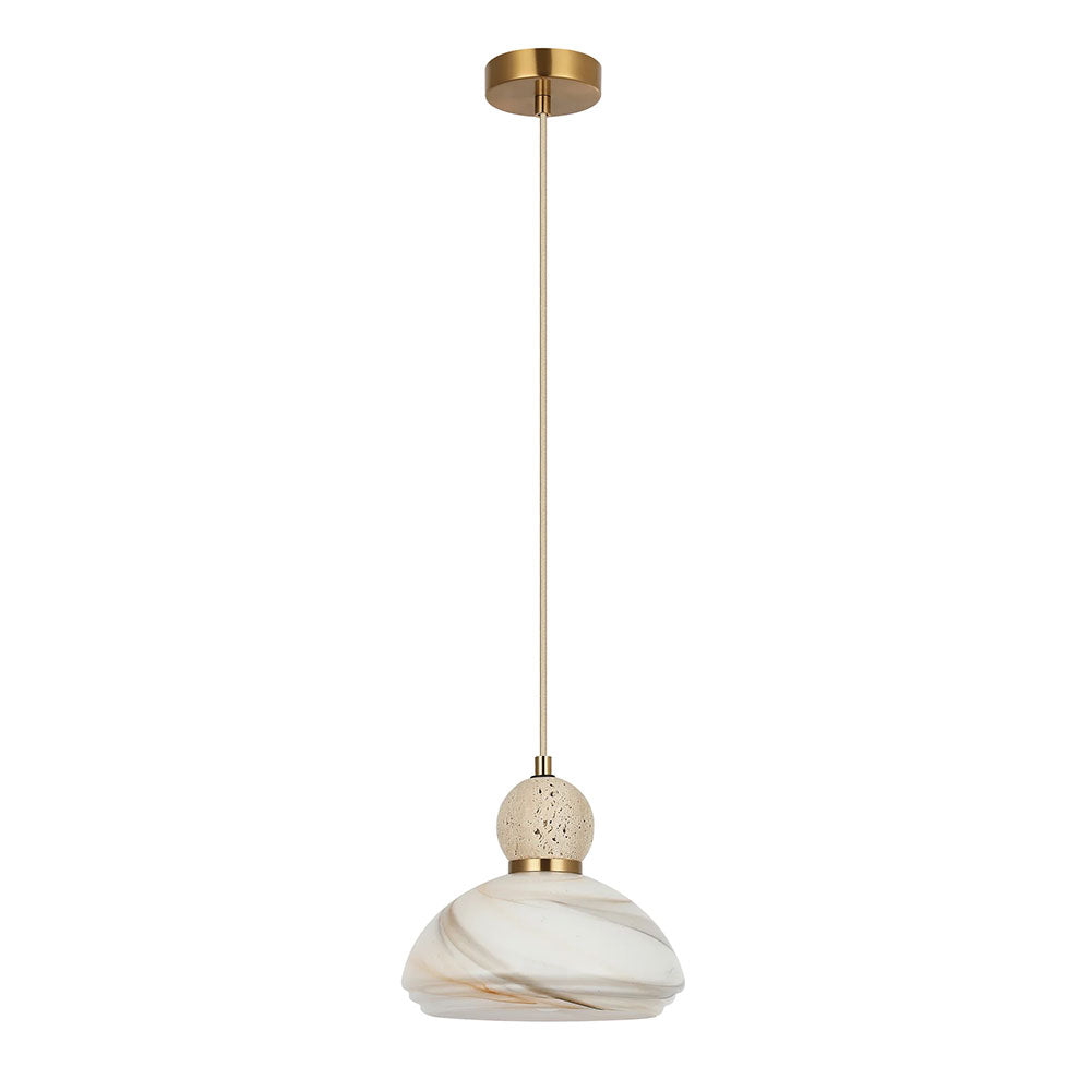 Interior Marbled Glass Dome Shade with Travertine / Marble Highlight Pendant Brown - MARMARA2
