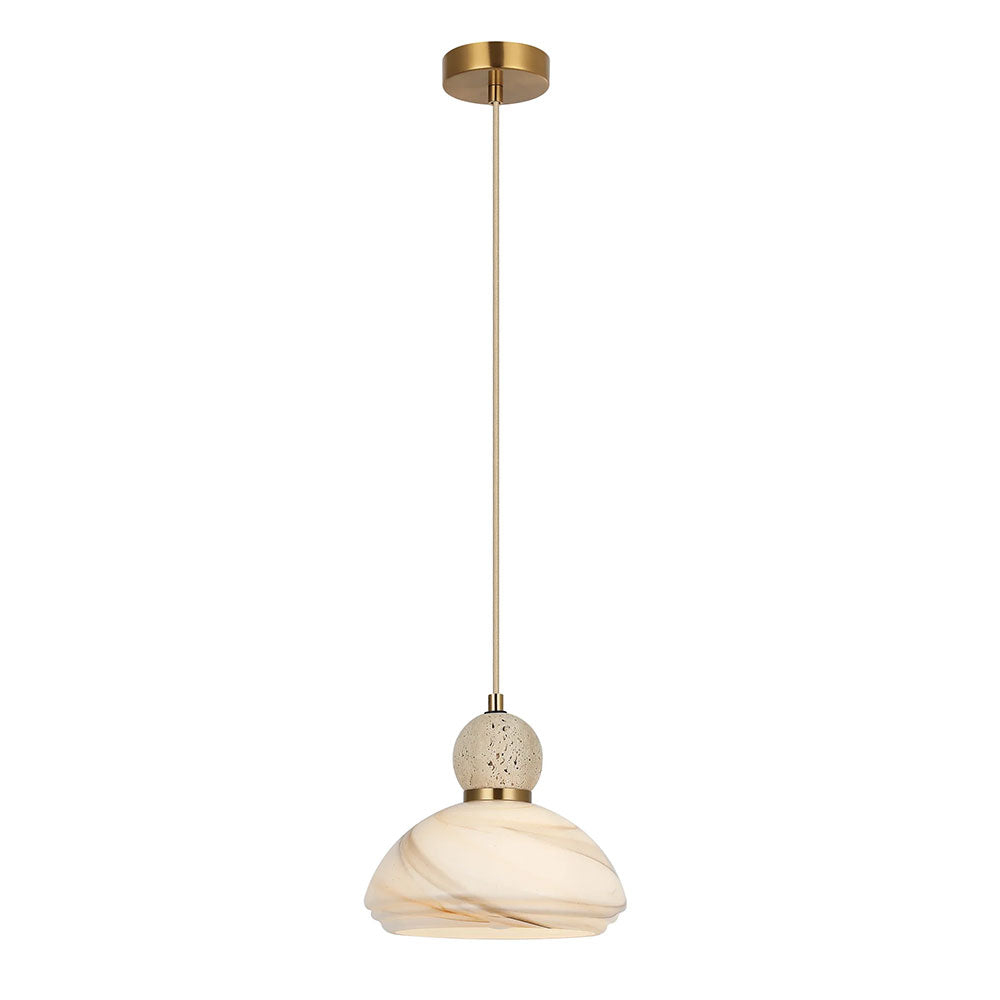 Interior Marbled Glass Dome Shade with Travertine / Marble Highlight Pendant Brown - MARMARA2